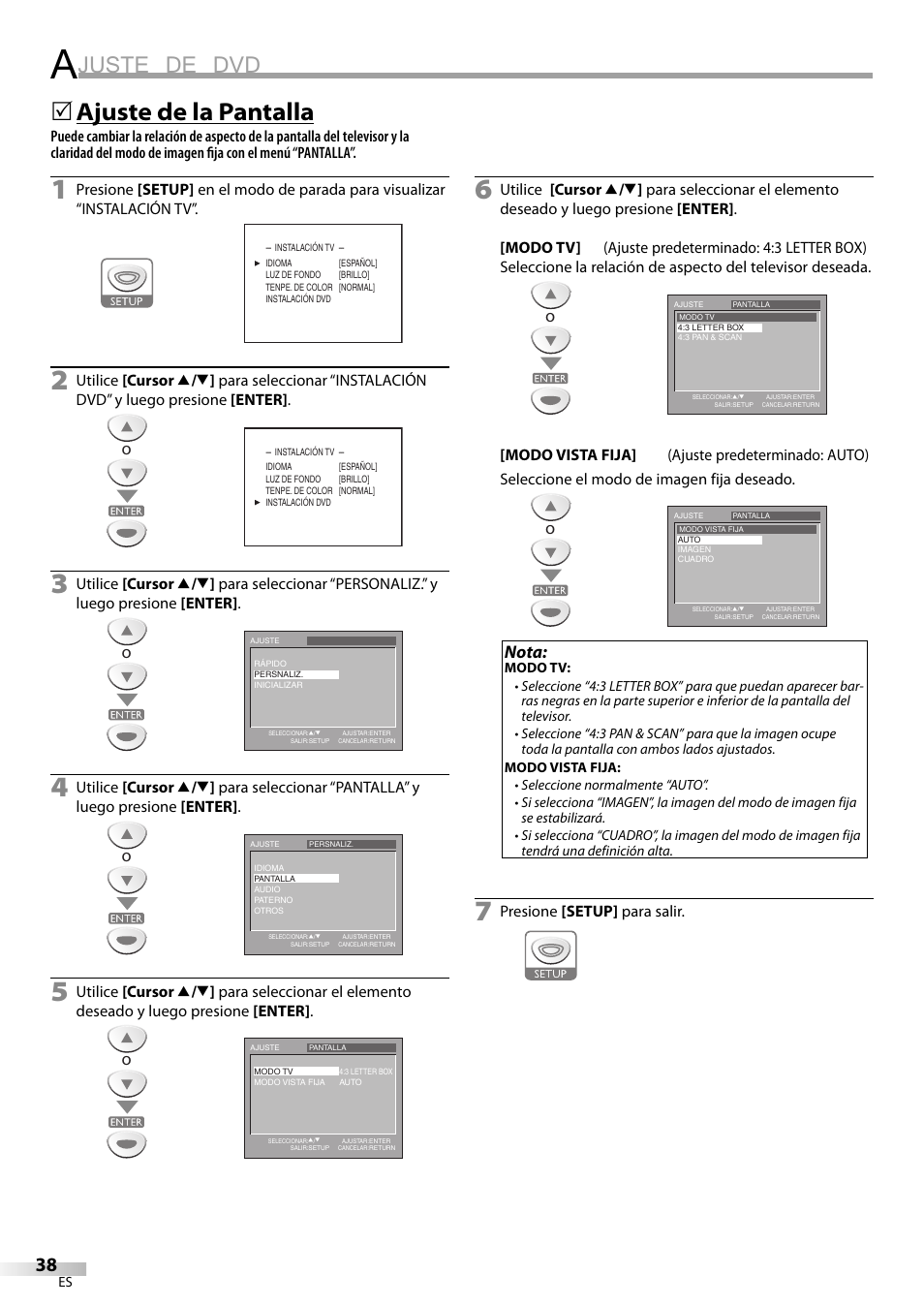 Juste de dvd, Ajuste de la pantalla, Nota | Sylvania LD200SL9 User Manual | Page 86 / 96