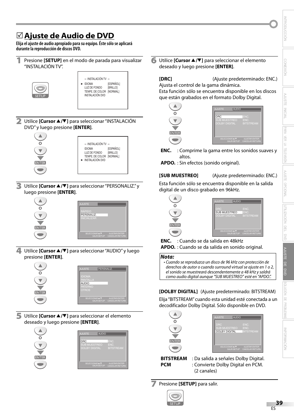 Ajuste de audio de dvd, Nota, Presione [setup] para salir | Sylvania LD200SL9 User Manual | Page 87 / 96