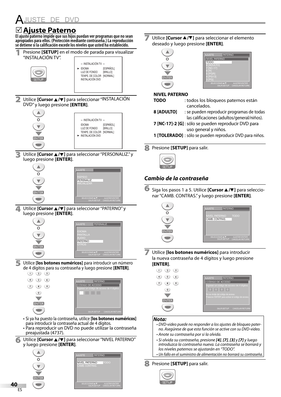 Juste de dvd, Ajuste paterno, Cambio de la contraseña | Nota | Sylvania LD200SL9 User Manual | Page 88 / 96