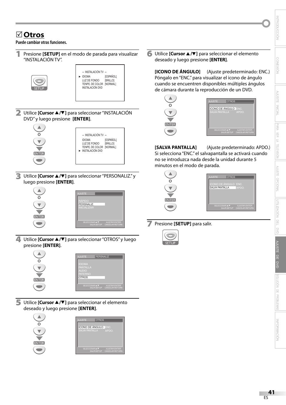 Otros, Puede cambiar otras funciones, Presione [setup] para salir | Sylvania LD200SL9 User Manual | Page 89 / 96