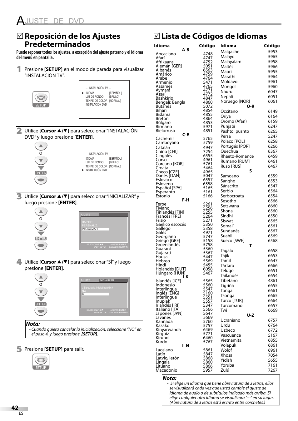 Juste de dvd, Reposición de los ajustes predeterminados, 5lista de códigos de idiomas | Nota | Sylvania LD200SL9 User Manual | Page 90 / 96