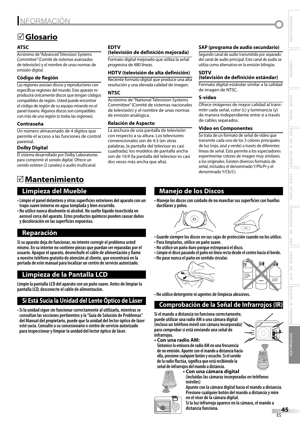 Nformación, Mantenimiento 5 glosario 5, Limpieza del mueble | Reparación, Limpieza de la pantalla lcd, Si está sucia la unidad del lente óptico de láser, Manejo de los discos, Comprobación de la señal de infrarrojos (ir) | Sylvania LD200SL9 User Manual | Page 93 / 96