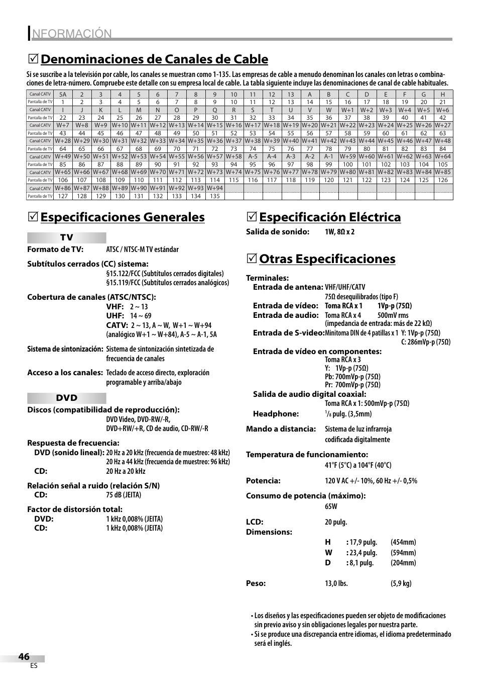 Nformación, Especificaciones generales, 5especificación eléctrica | Otras especificaciones, Denominaciones de canales de cable 5 | Sylvania LD200SL9 User Manual | Page 94 / 96