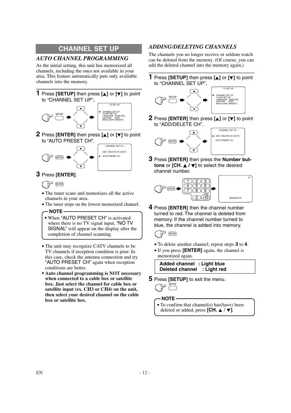 Channel set up, Auto channel programming, Adding/deleting channels | Sylvania 6620LDT User Manual | Page 12 / 44