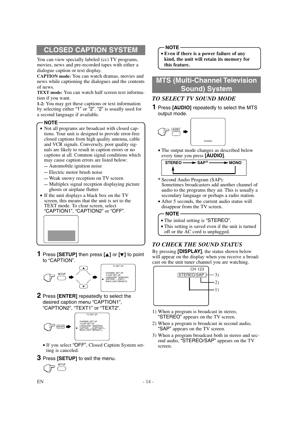 Closed caption system, Mts (multi-channel television sound) system | Sylvania 6620LDT User Manual | Page 14 / 44