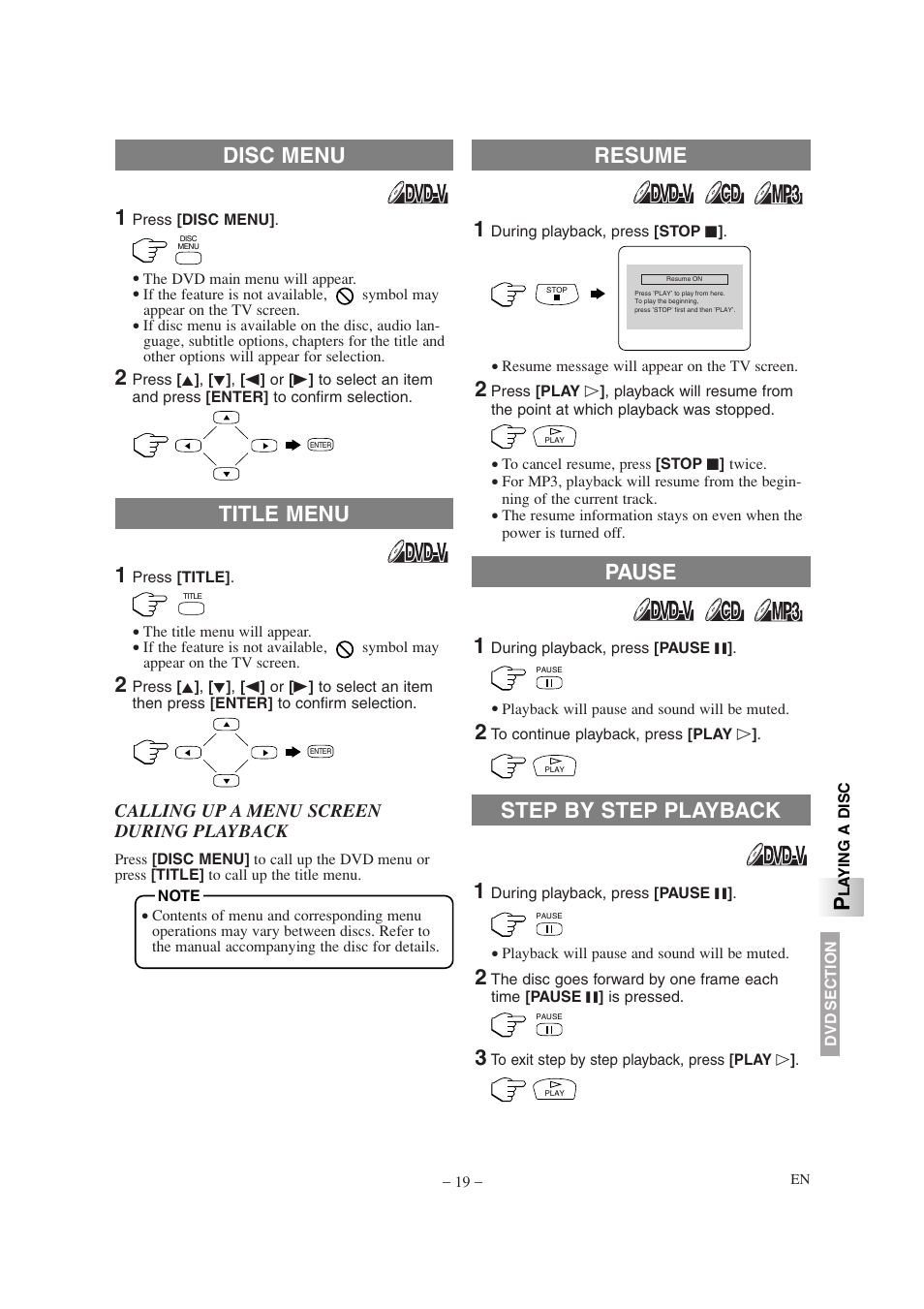 Resume pause title menu disc menu, Step by step playback | Sylvania 6620LDT User Manual | Page 19 / 44