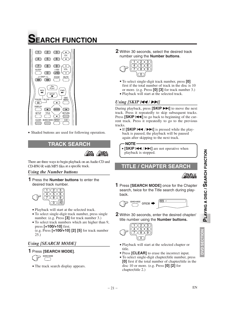 Earch function, Track search title / chapter search, Using the number buttons | Using [search mode, Using [skip h / g | Sylvania 6620LDT User Manual | Page 21 / 44