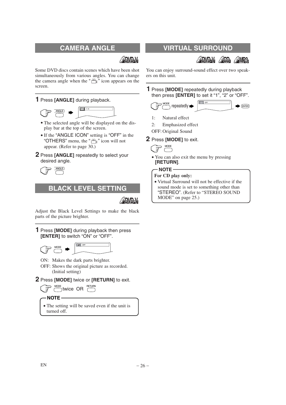 Virtual surround, Black level setting, Camera angle | Sylvania 6620LDT User Manual | Page 26 / 44