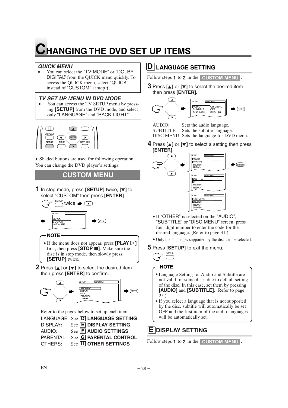 Hanging the dvd set up items, Custom menu, Language setting | Display setting | Sylvania 6620LDT User Manual | Page 28 / 44