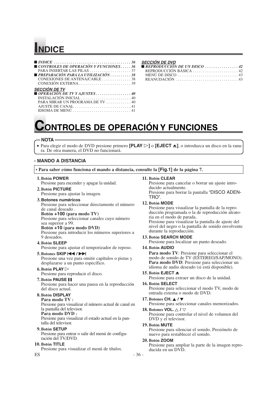 Ontroles de operación y funciones, Ndice | Sylvania 6620LDT User Manual | Page 36 / 44