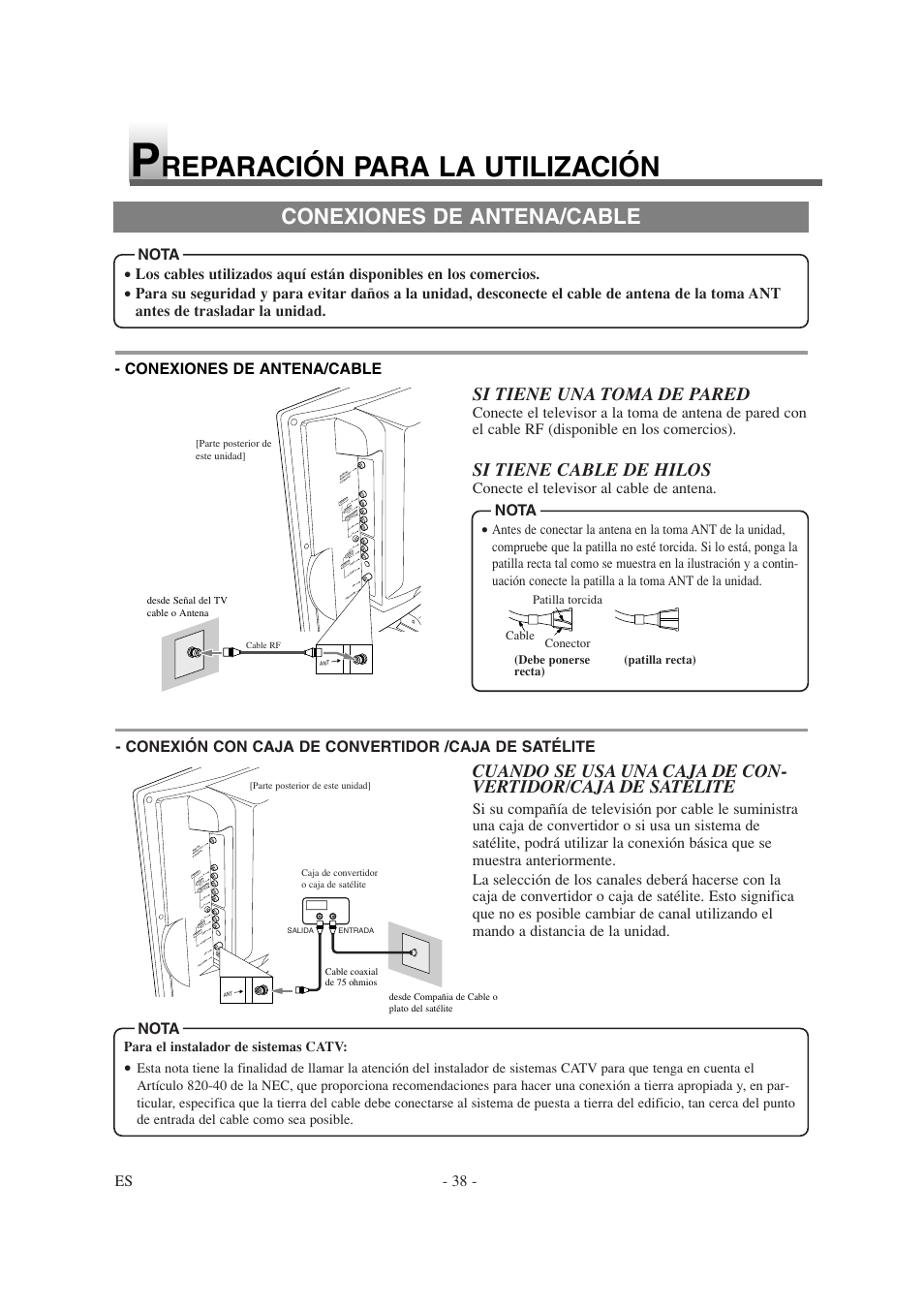 Reparación para la utilización, Conexiones de antena/cable, Si tiene una toma de pared | Si tiene cable de hilos, Es - 38, Conecte el televisor al cable de antena, Nota, Para el instalador de sistemas catv | Sylvania 6620LDT User Manual | Page 38 / 44