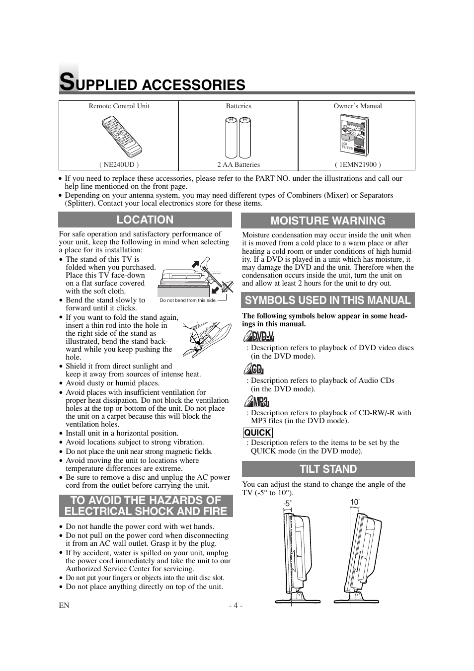 Upplied accessories | Sylvania 6620LDT User Manual | Page 4 / 44