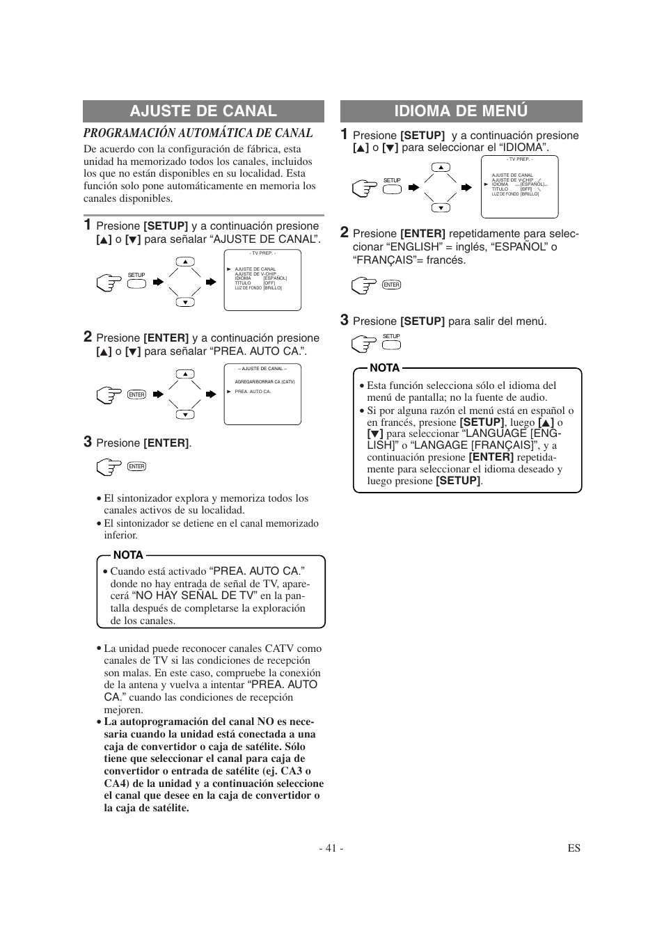 Ajuste de canal, Idioma de menú, Programación automática de canal | Sylvania 6620LDT User Manual | Page 41 / 44