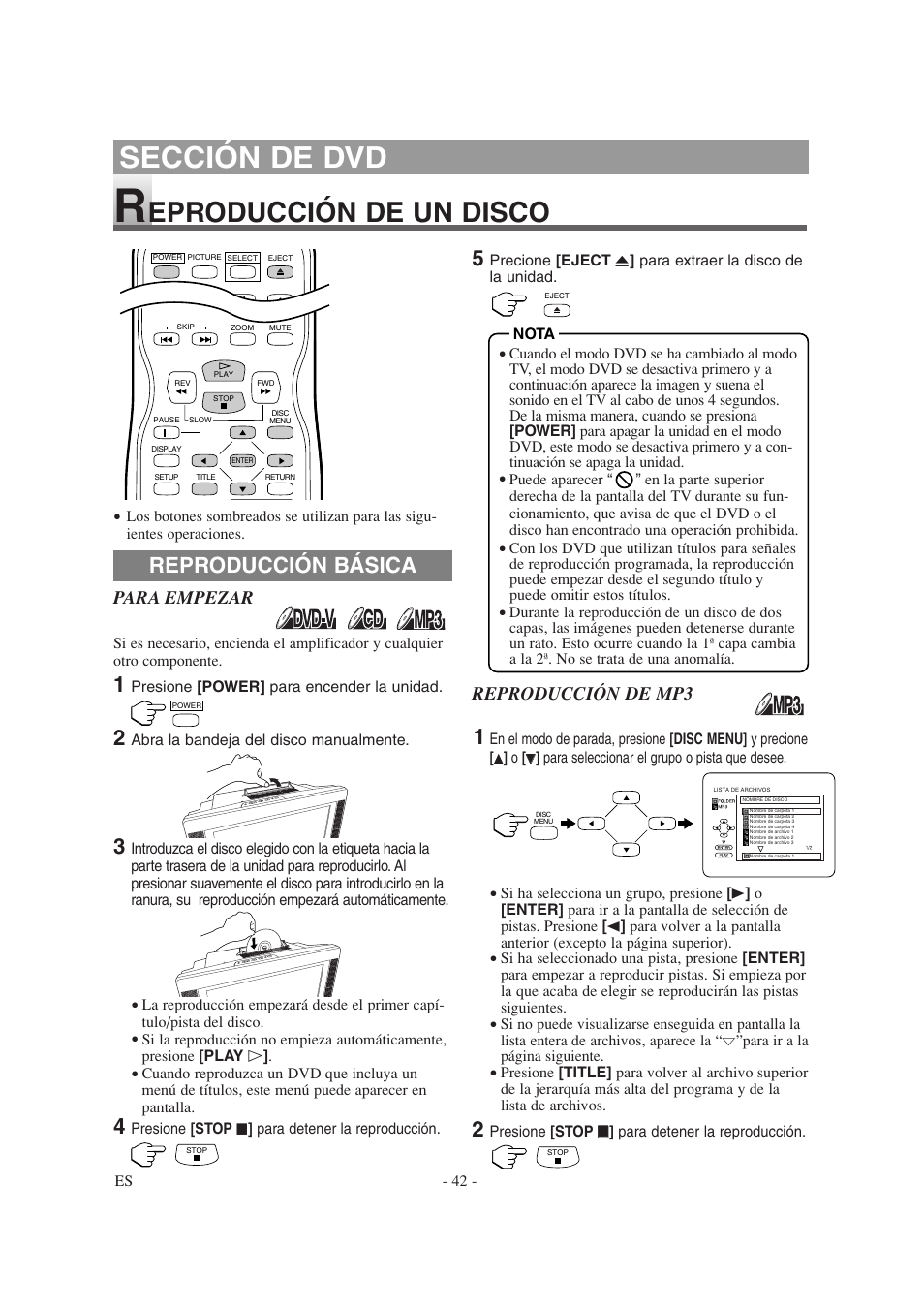 Sección de dvd, Eproducción de un disco, Reproducción básica | Para empezar, Reproducción de mp3 | Sylvania 6620LDT User Manual | Page 42 / 44