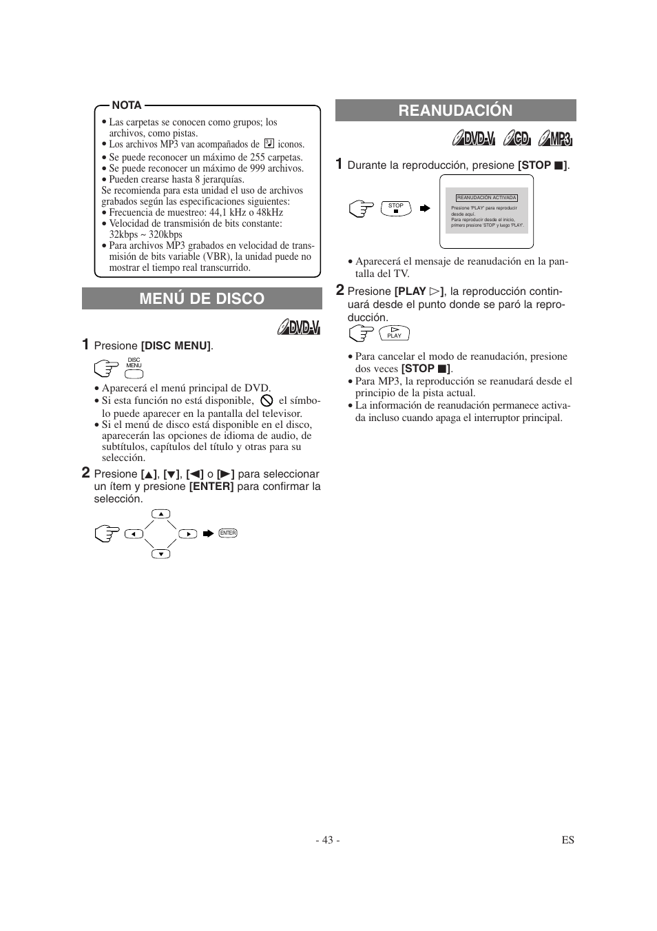 Reanudación menú de disco | Sylvania 6620LDT User Manual | Page 43 / 44