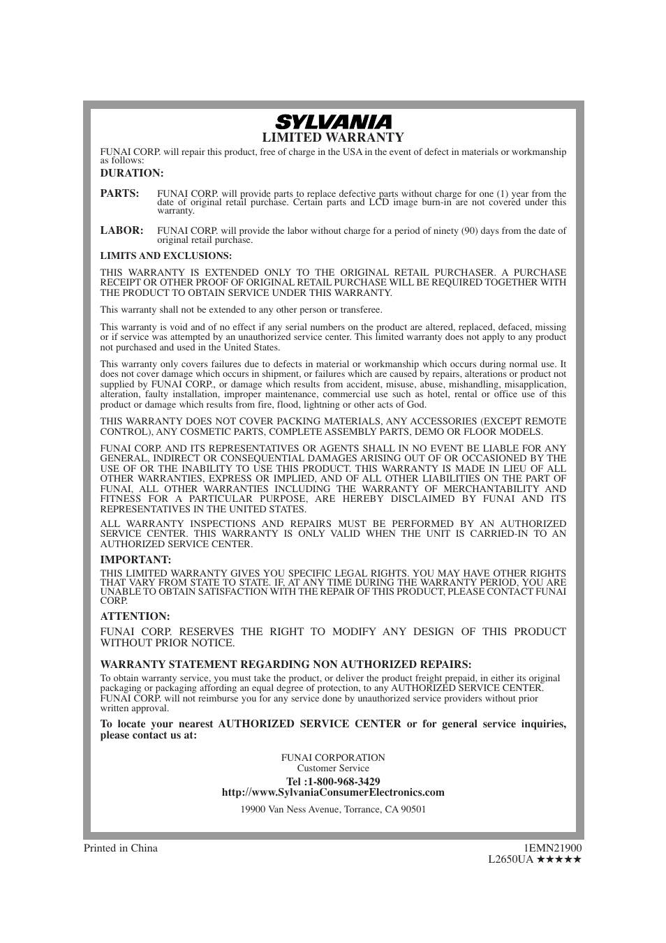 Limited warranty | Sylvania 6620LDT User Manual | Page 44 / 44