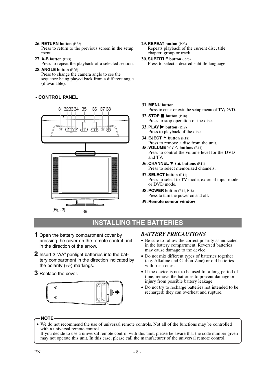Installing the batteries 1, Battery precautions | Sylvania 6620LDT User Manual | Page 8 / 44