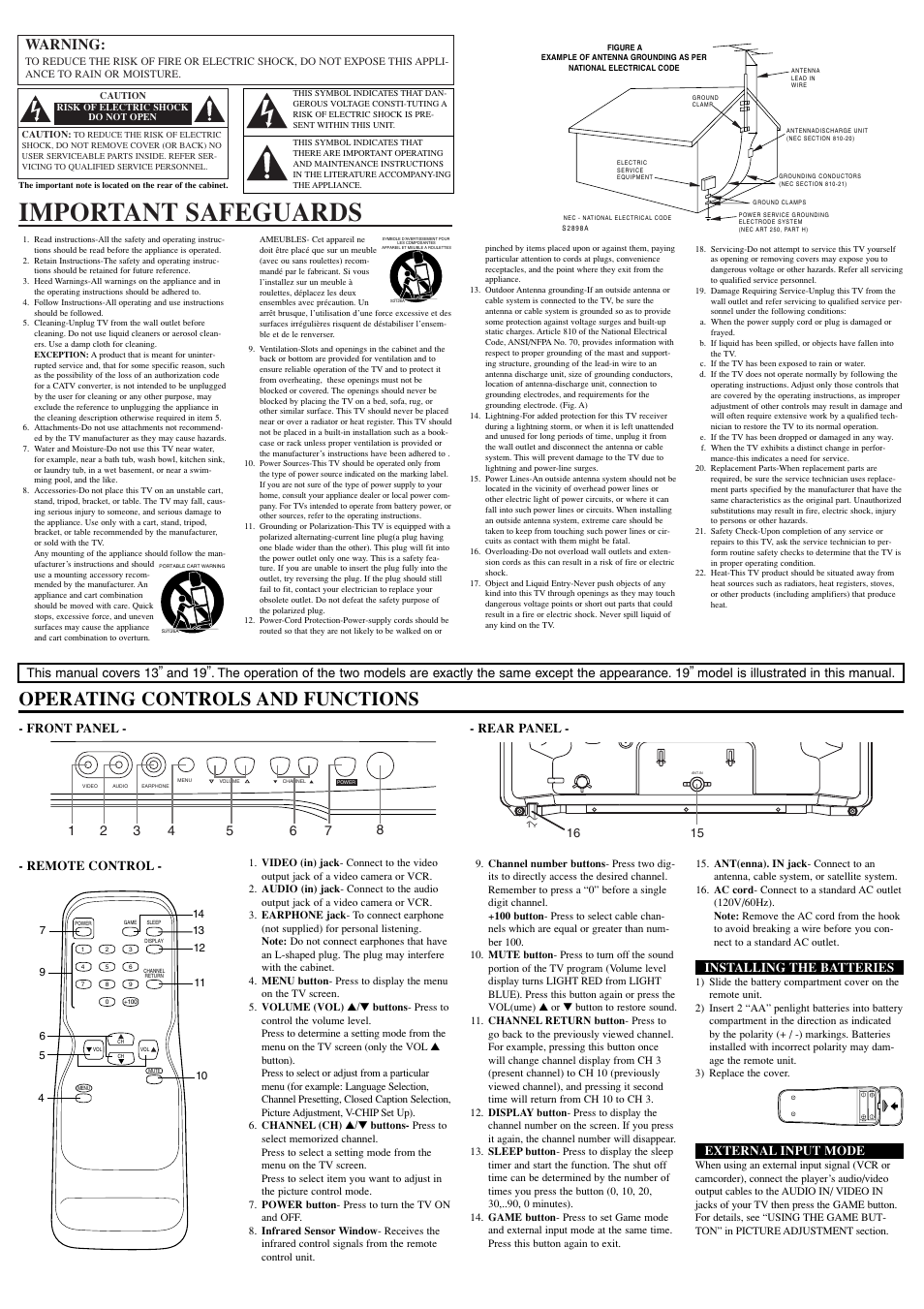 Important safeguards, Operating controls and functions, Warning | Front panel - - rear panel, Remote control, Installing the batteries, External input mode | Sylvania RSET413E User Manual | Page 2 / 8