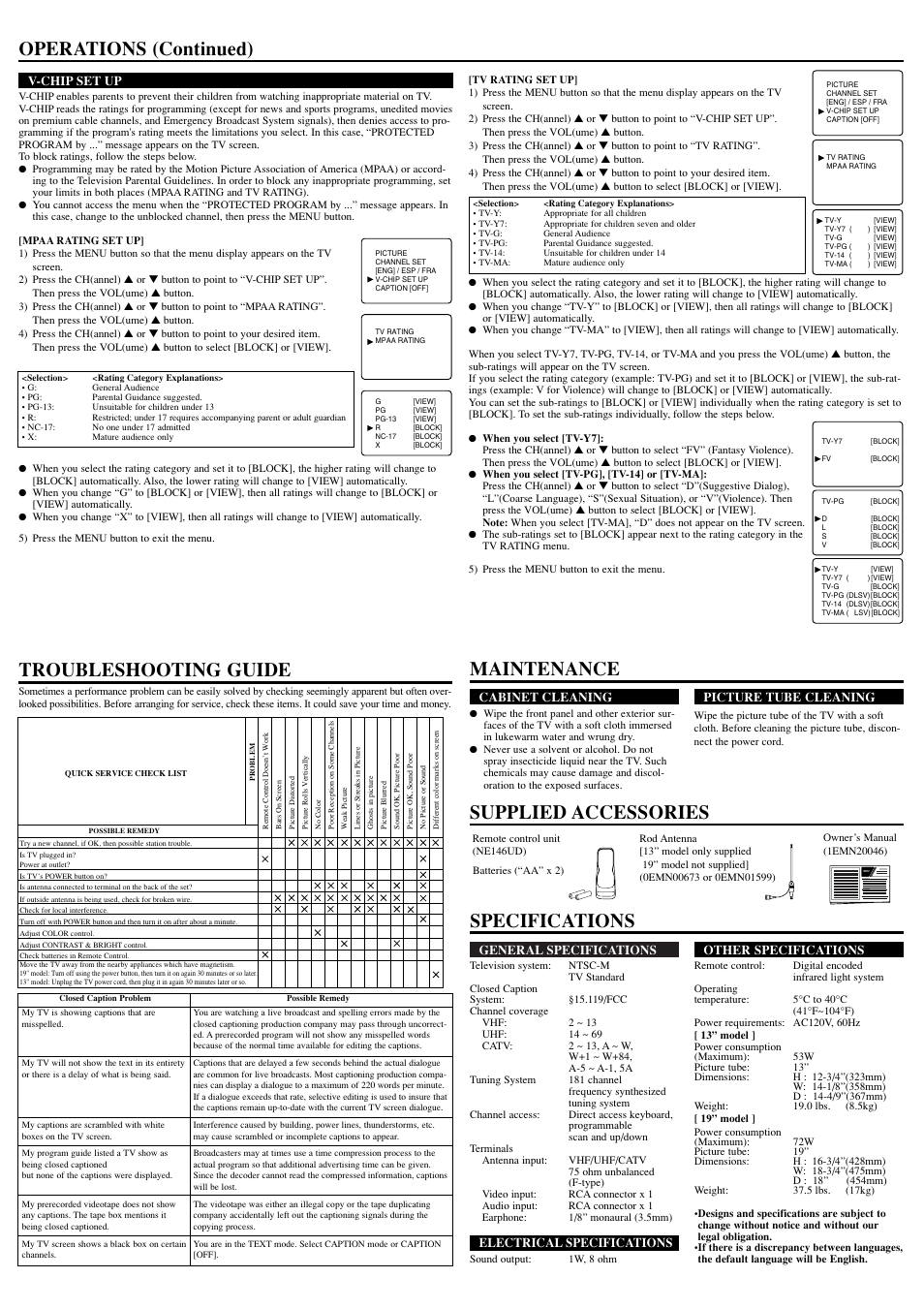 Specifications operations (continued), Troubleshooting guide, Maintenance supplied accessories | Owner’s manual | Sylvania RSET413E User Manual | Page 4 / 8