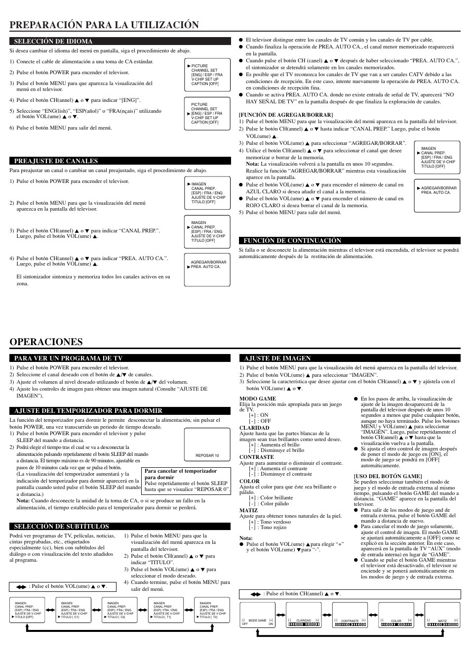 Preparación para la utilización, Operaciones | Sylvania RSET413E User Manual | Page 7 / 8