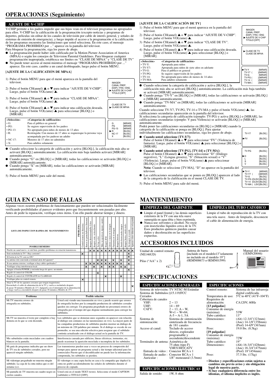 Guia en caso de fallas, Especificaciones, Operaciones (seguimiento) | Mantenimiento accesorios incluidos, Owner’s manual | Sylvania RSET413E User Manual | Page 8 / 8