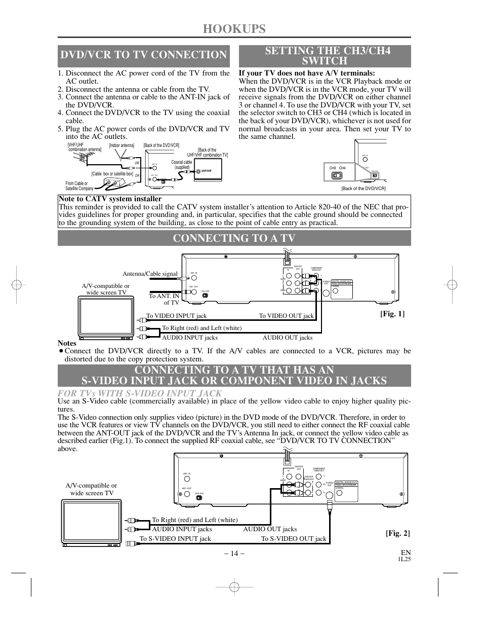 Hookups, Dvd/vcr to tv connection, Setting the ch3/ch4 switch | For tvs with s-video input jack, Fig. 2 | Sylvania DVC800C User Manual | Page 14 / 48