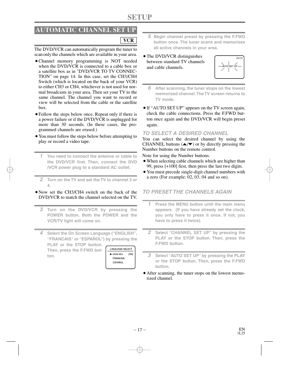 Setup, Automatic channel set up | Sylvania DVC800C User Manual | Page 17 / 48