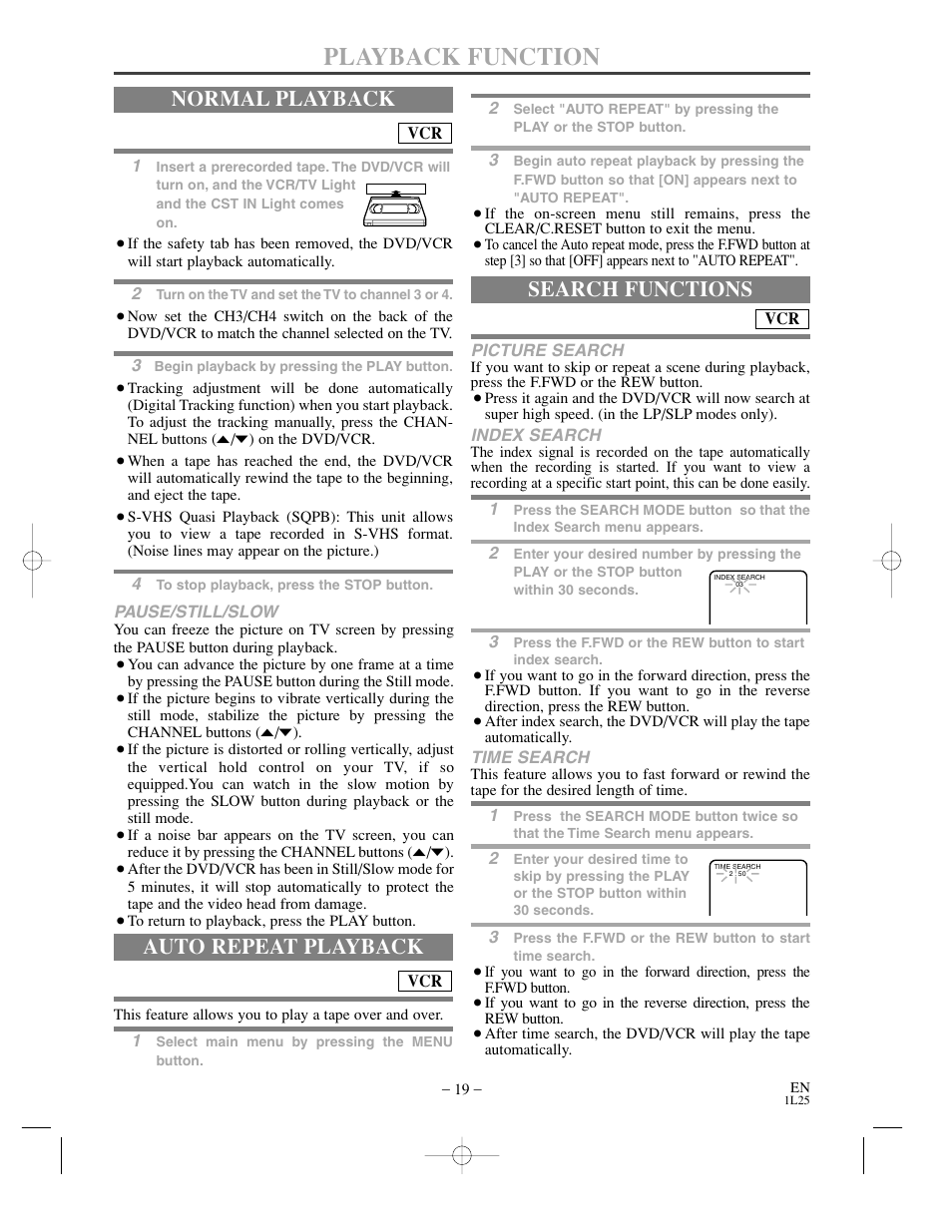 Playback function, Normal playback, Auto repeat playback | Search functions | Sylvania DVC800C User Manual | Page 19 / 48