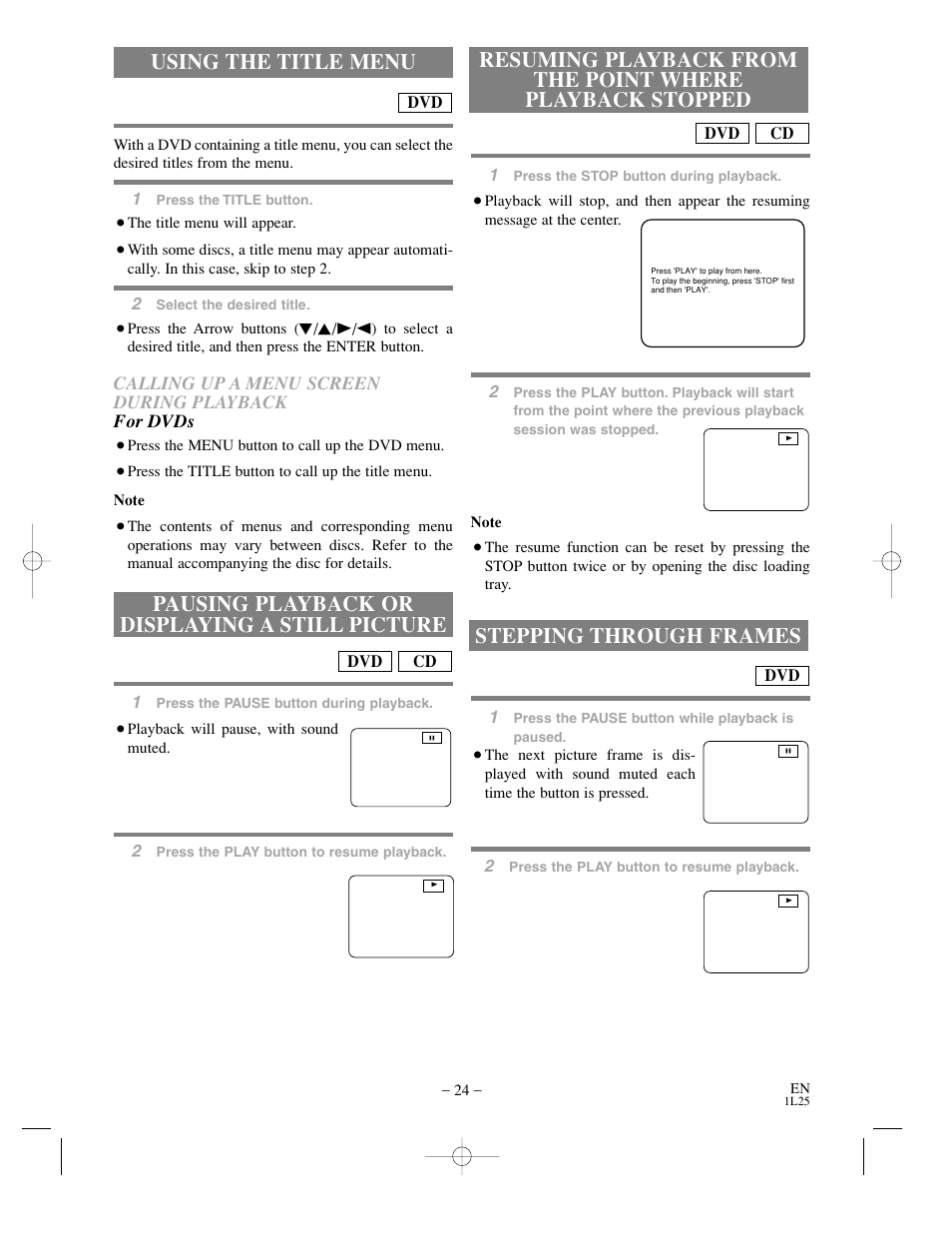 Using the title menu, Pausing playback or displaying a still picture, Stepping through frames | Sylvania DVC800C User Manual | Page 24 / 48