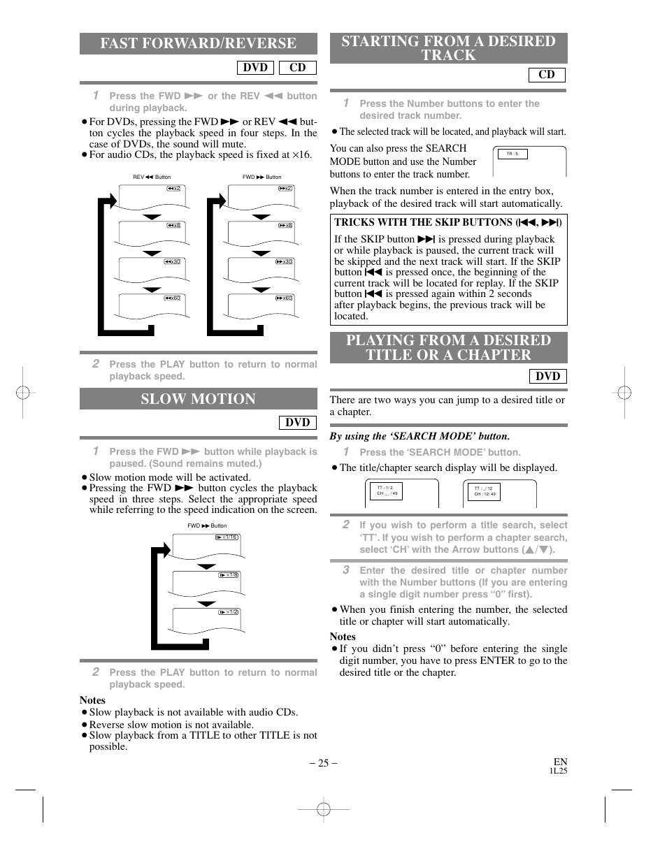 Fast forward/reverse, Slow motion, Starting from a desired track | Playing from a desired title or a chapter, Cd dvd | Sylvania DVC800C User Manual | Page 25 / 48