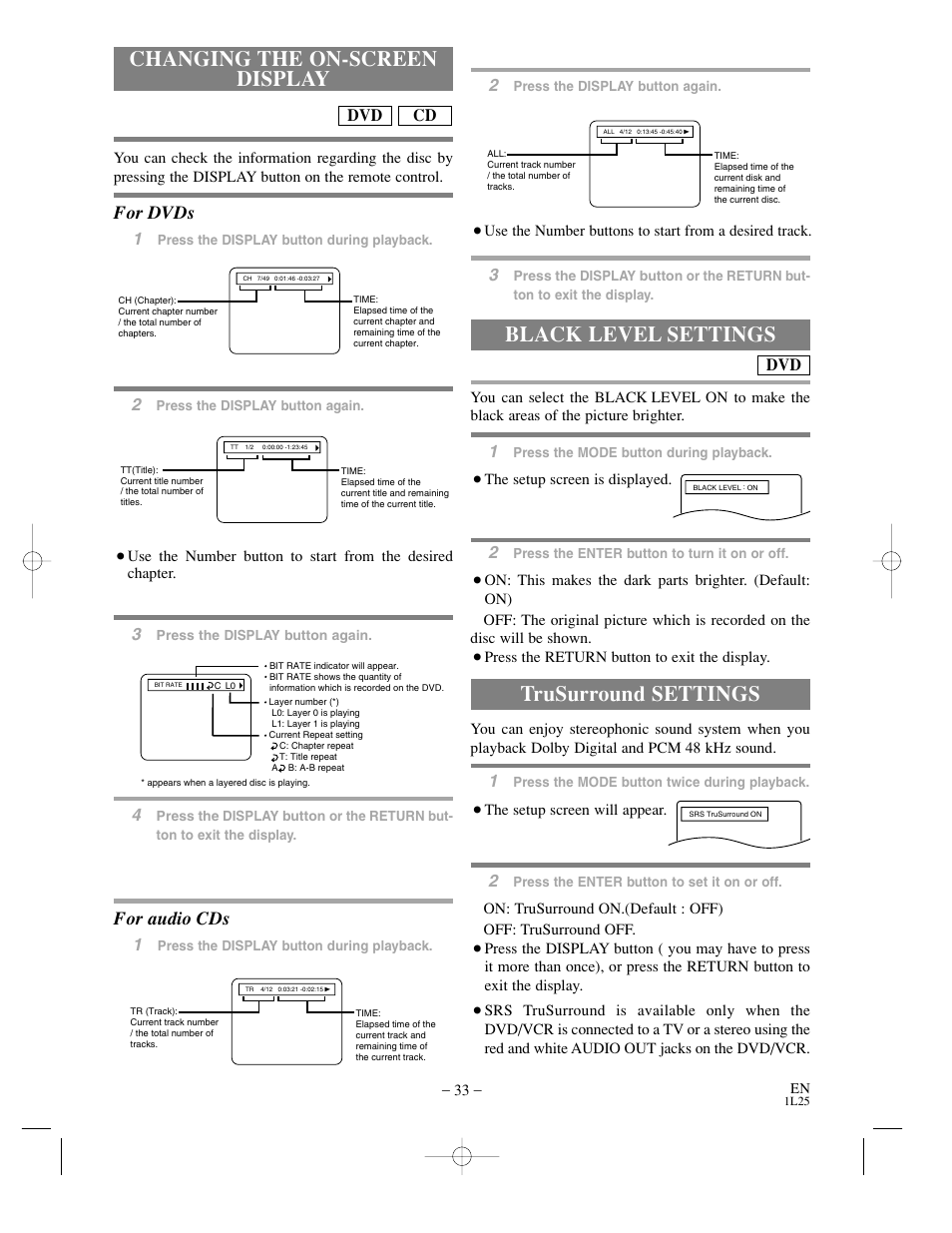 Changing the on-screen display, Black level settings, Trusurround settings | For dvds, For audio cds, Cd dvd 2 | Sylvania DVC800C User Manual | Page 33 / 48