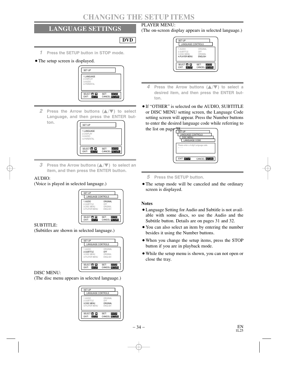 Changing the setup items, Language settings, The setup screen is displayed | Press the setup button in stop mode, Press the arrow buttons, Press the setup button | Sylvania DVC800C User Manual | Page 34 / 48