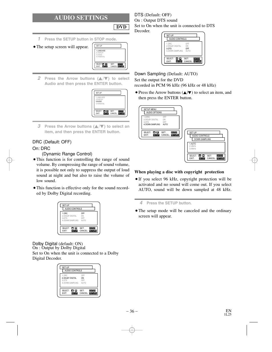 Audio settings, The setup screen will appear, Drc (default: off) on: drc (dynamic range control) | Press the setup button in stop mode, Press the arrow buttons, Press the setup button | Sylvania DVC800C User Manual | Page 36 / 48