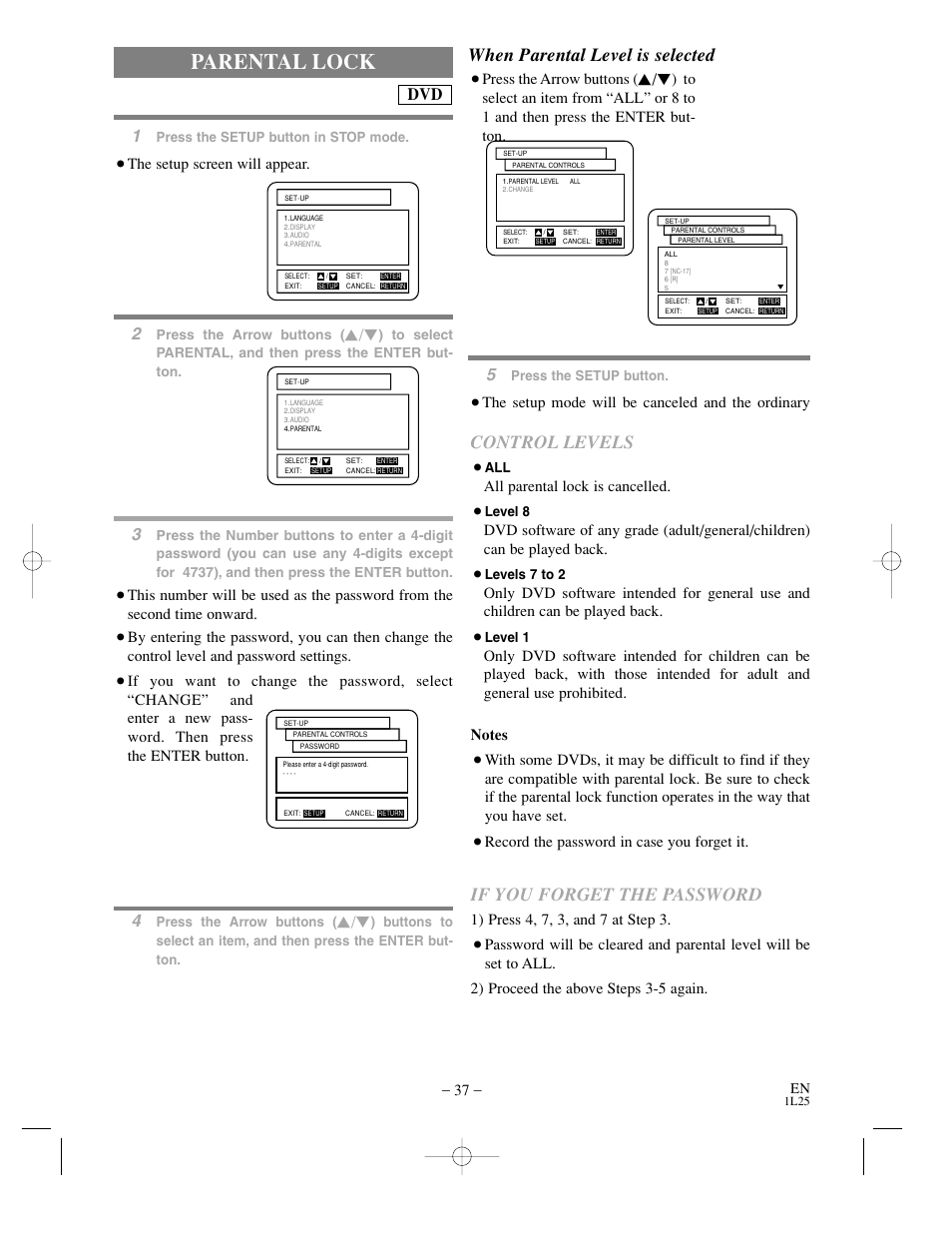 Parental lock, When parental level is selected, Control levels | If you forget the password | Sylvania DVC800C User Manual | Page 37 / 48
