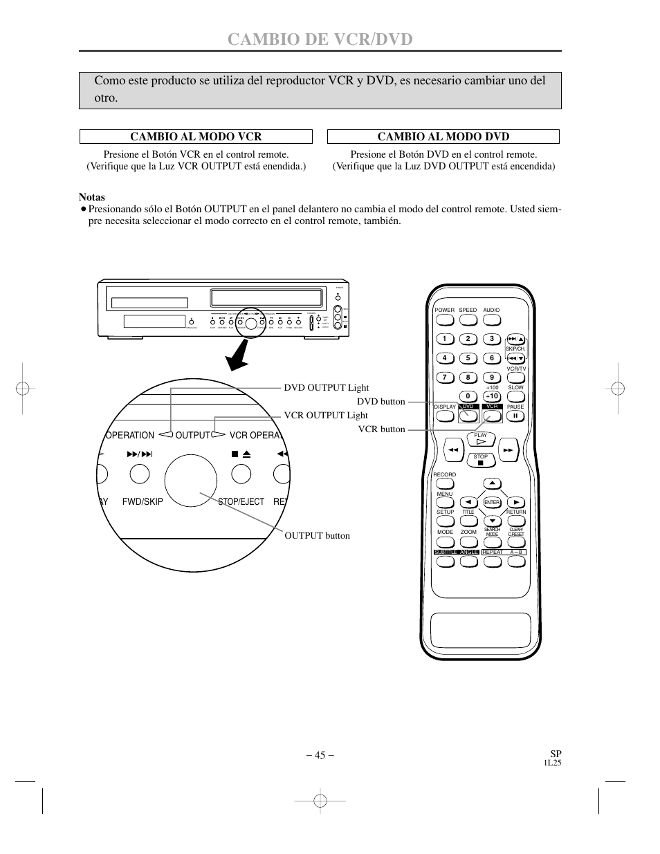 Cambio de vcr/dvd, Cambio al modo vcr, Cambio al modo dvd | Notas, 1l25 | Sylvania DVC800C User Manual | Page 45 / 48