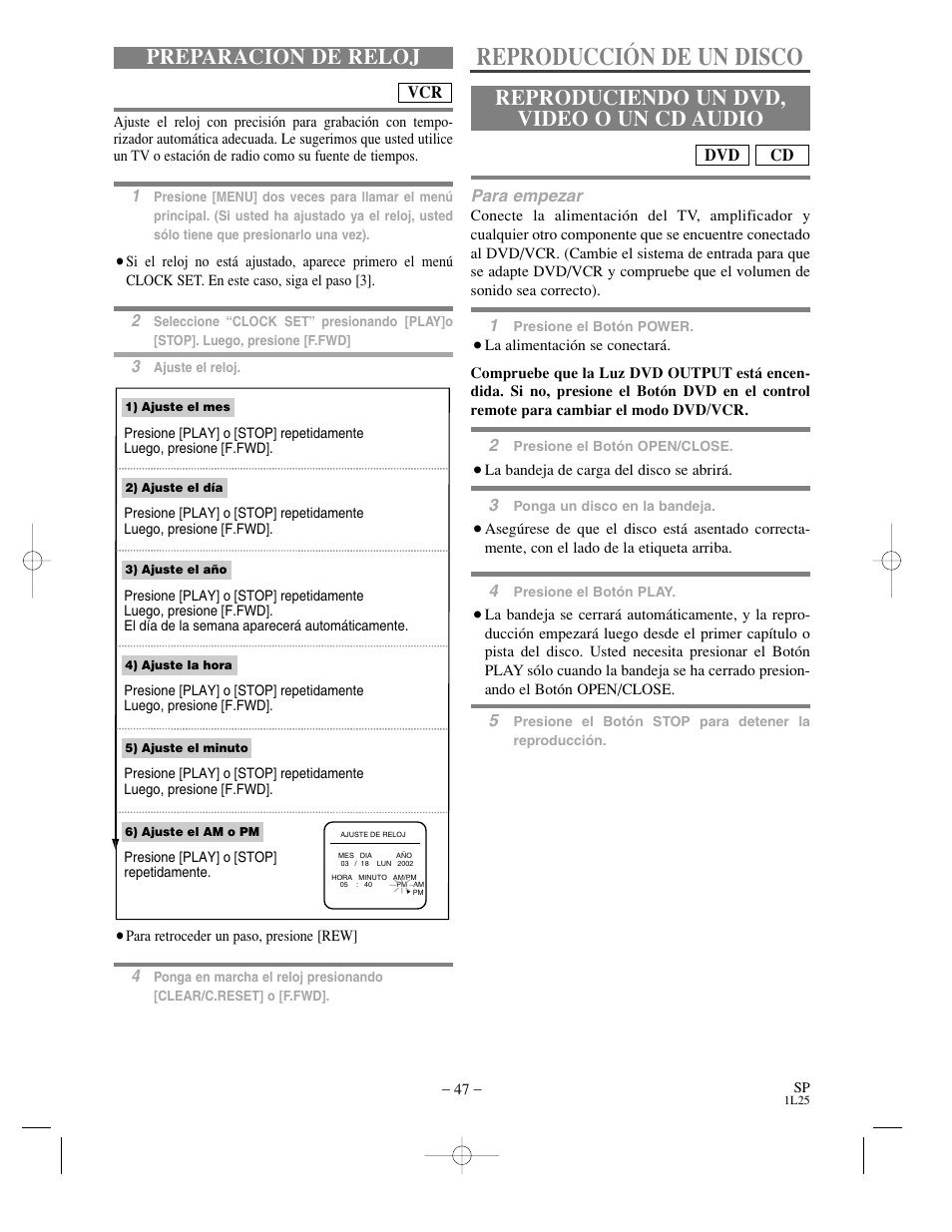 Reproducción de un disco, Preparación de reloj, Reproduciendo un dvd, video o un cd audio | Sylvania DVC800C User Manual | Page 47 / 48