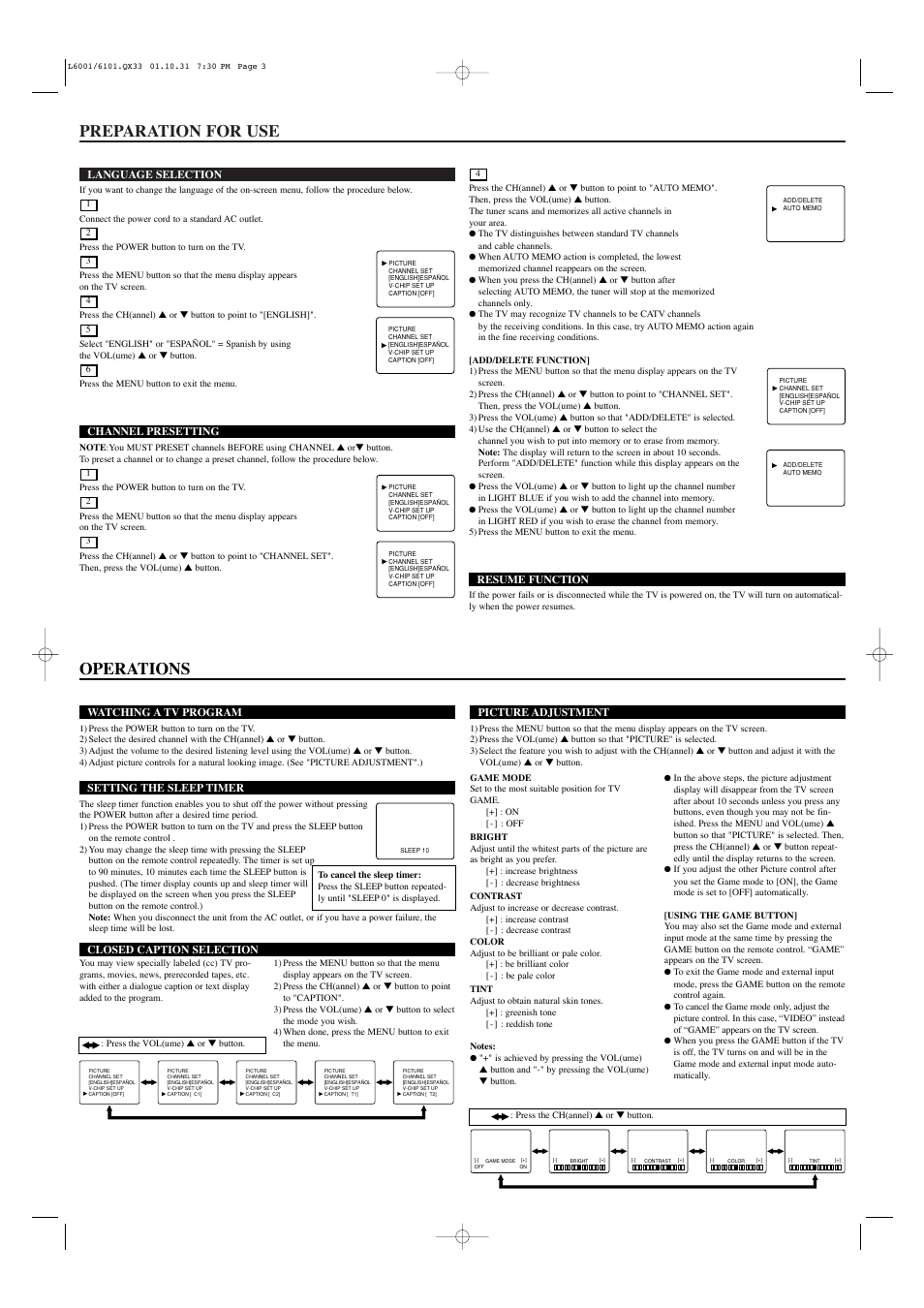 Preparation for use, Operations | Sylvania 6413TC User Manual | Page 3 / 4