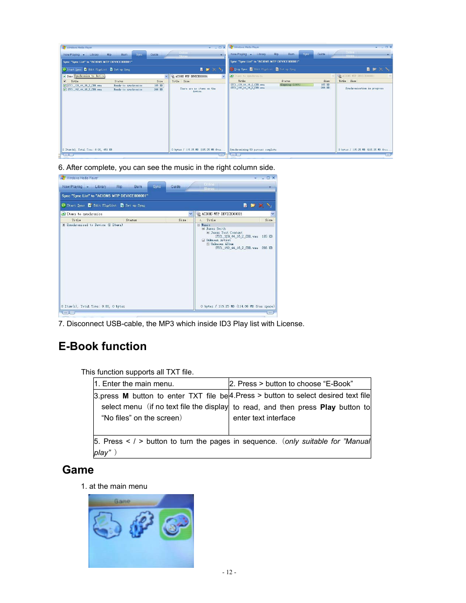 E-book function, Game | Sylvania SMPK2077 User Manual | Page 12 / 18