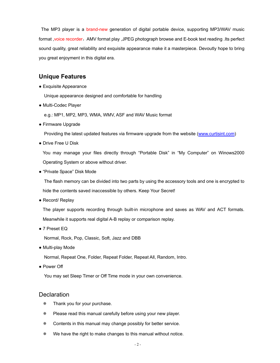 Unique features, Declaration | Sylvania SMPK2077 User Manual | Page 2 / 18