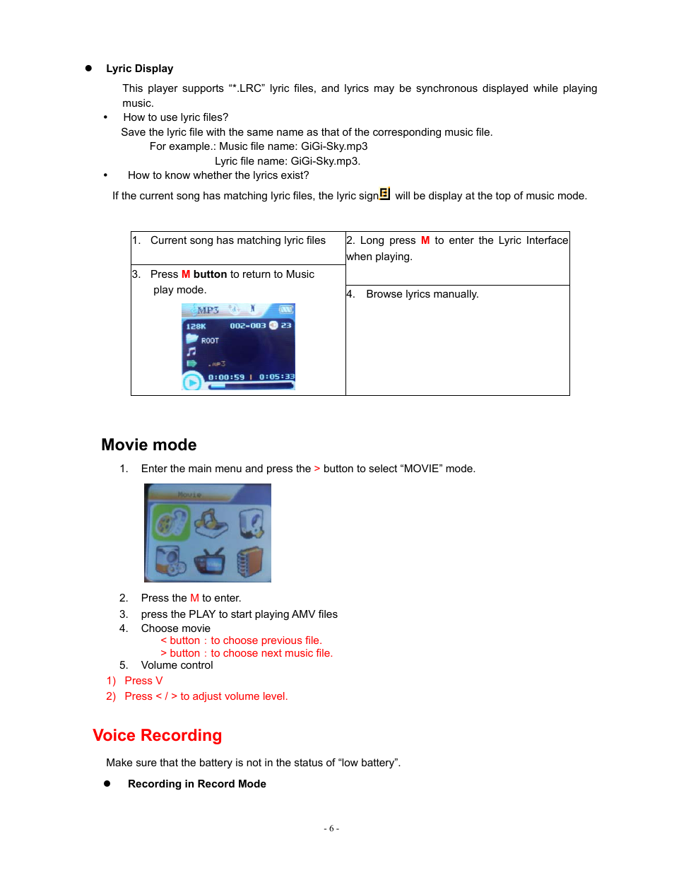 Movie mode, Voice recording | Sylvania SMPK2077 User Manual | Page 6 / 18