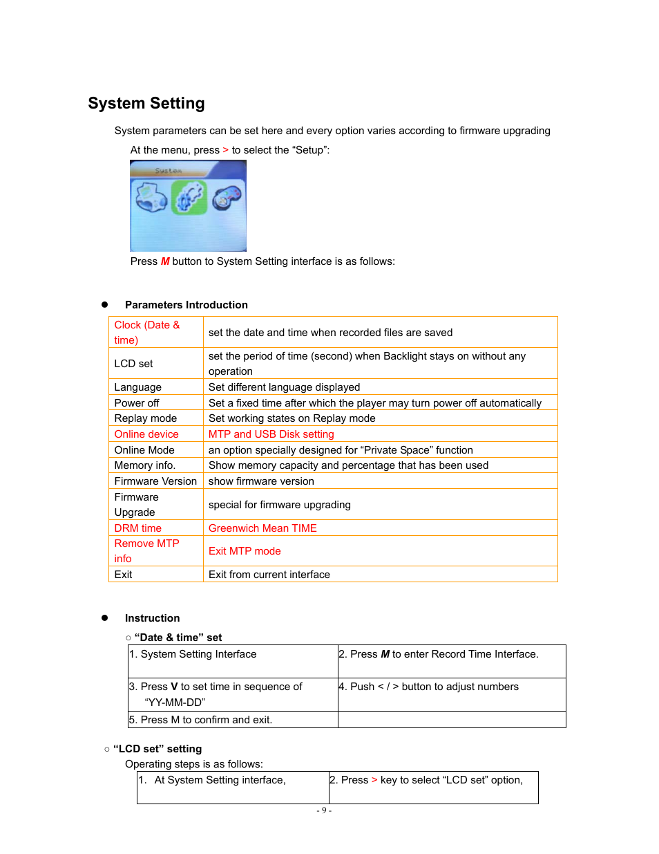 System setting | Sylvania SMPK2077 User Manual | Page 9 / 18