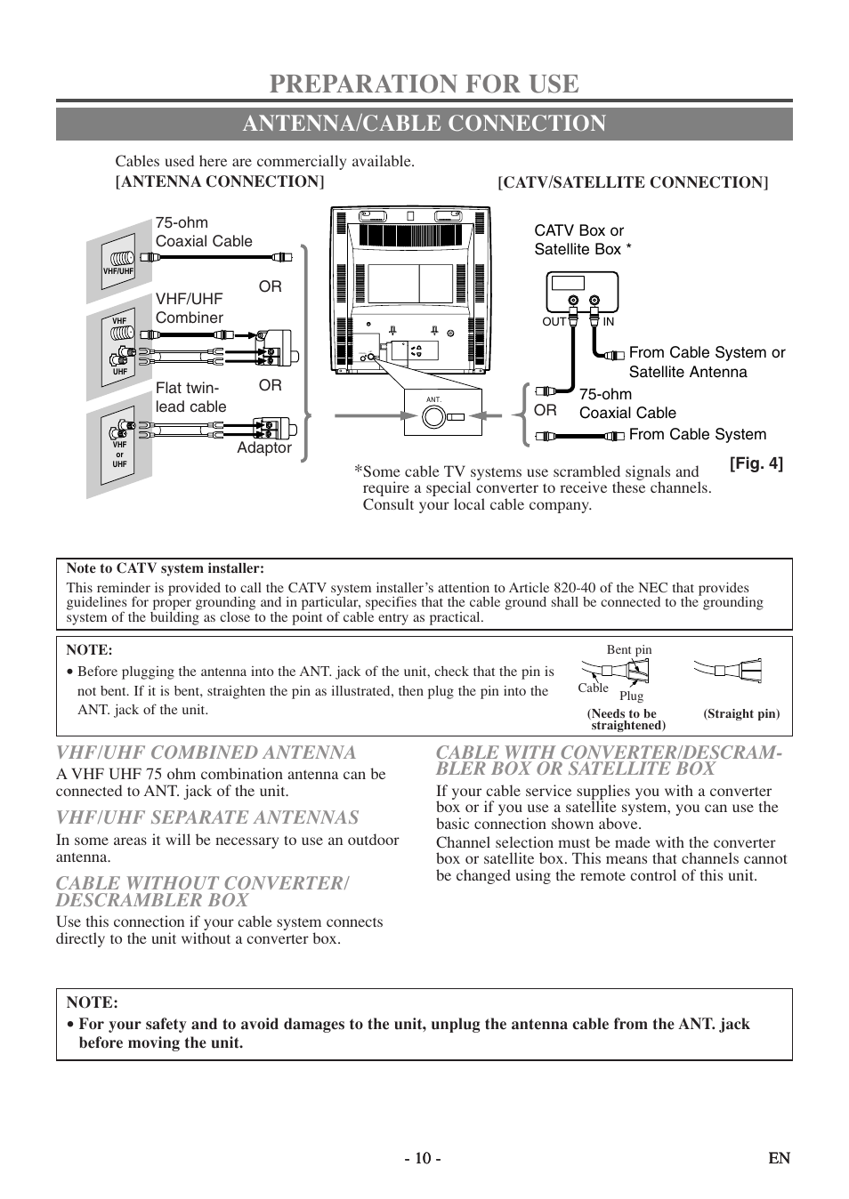 Preparation for use, Antenna/cable connection, Vhf/uhf combined antenna | Vhf/uhf separate antennas, Cable without converter/ descrambler box | Sylvania 6513DF User Manual | Page 10 / 40