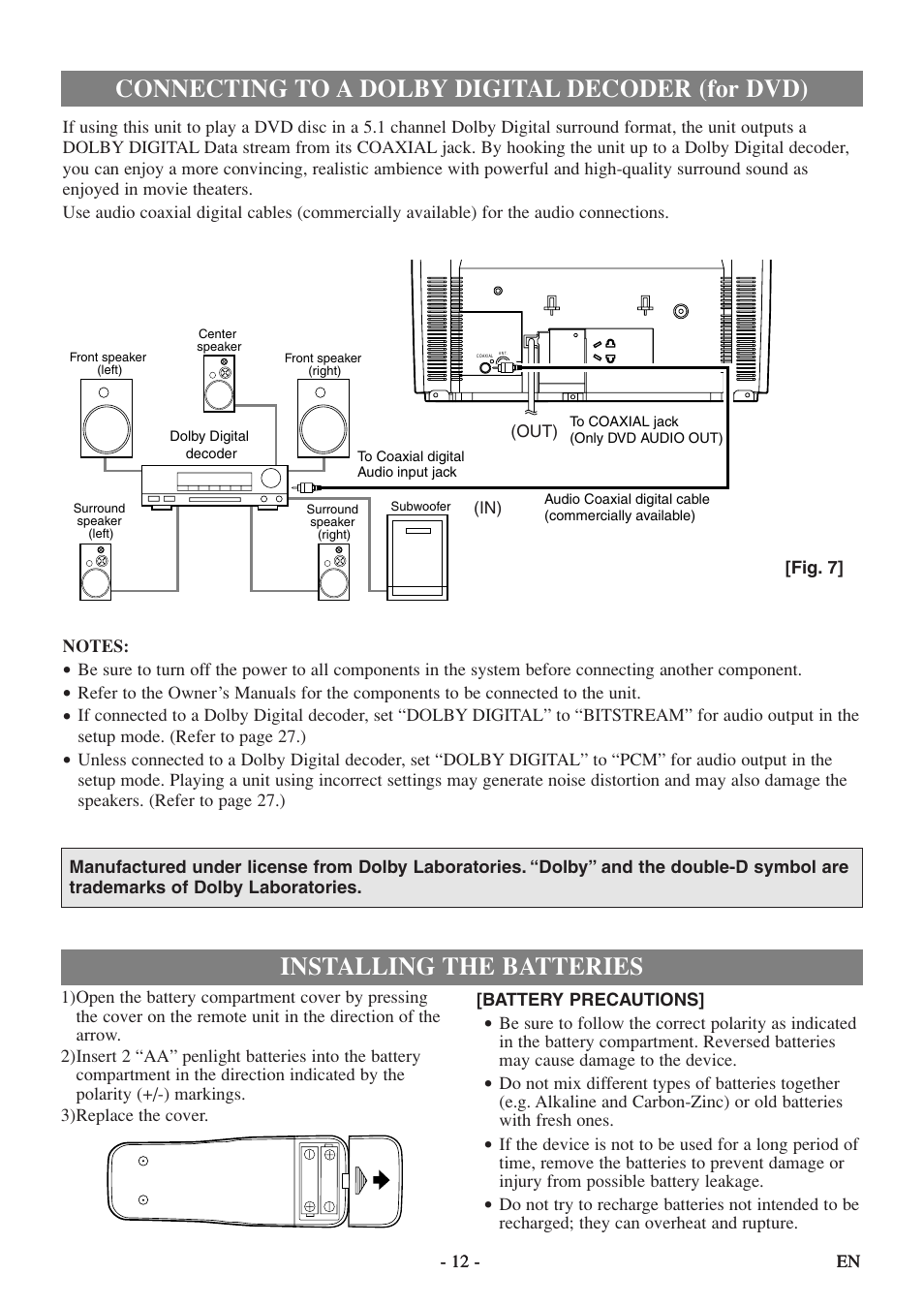 Connecting to a dolby digital decoder (for dvd), Installing the batteries | Sylvania 6513DF User Manual | Page 12 / 40
