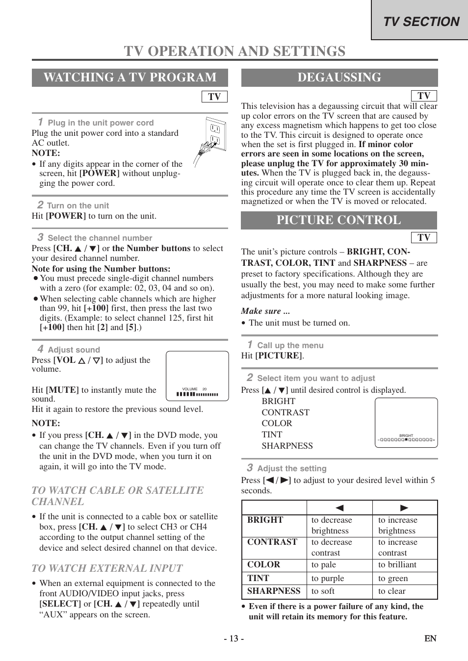 Tv operation and settings, Degaussing, Watching a tv program | Picture control | Sylvania 6513DF User Manual | Page 13 / 40