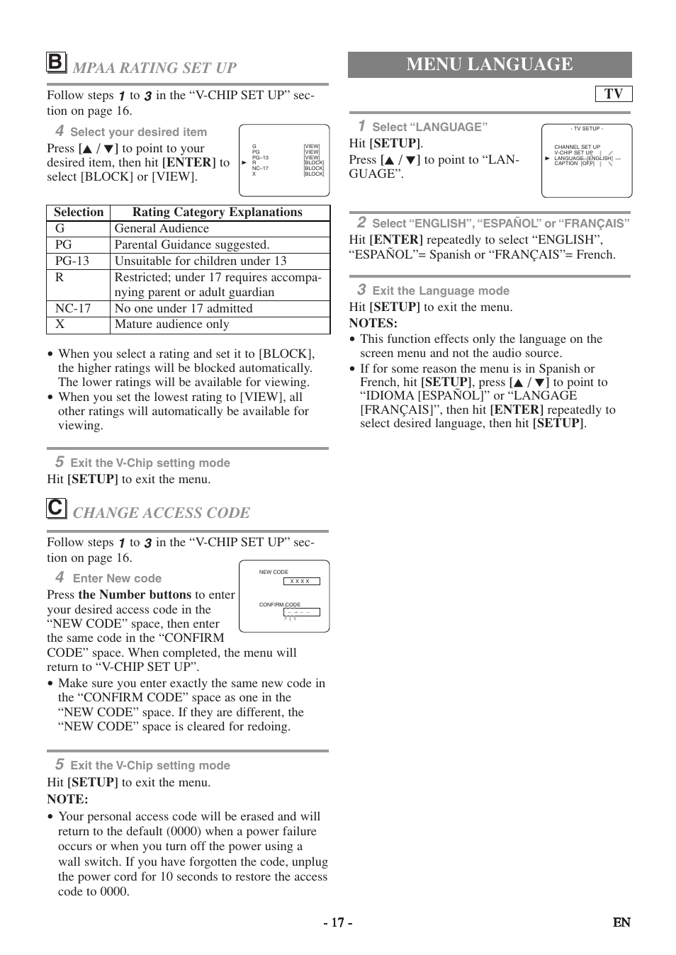 Menu language, Change access code, Mpaa rating set up | Sylvania 6513DF User Manual | Page 17 / 40