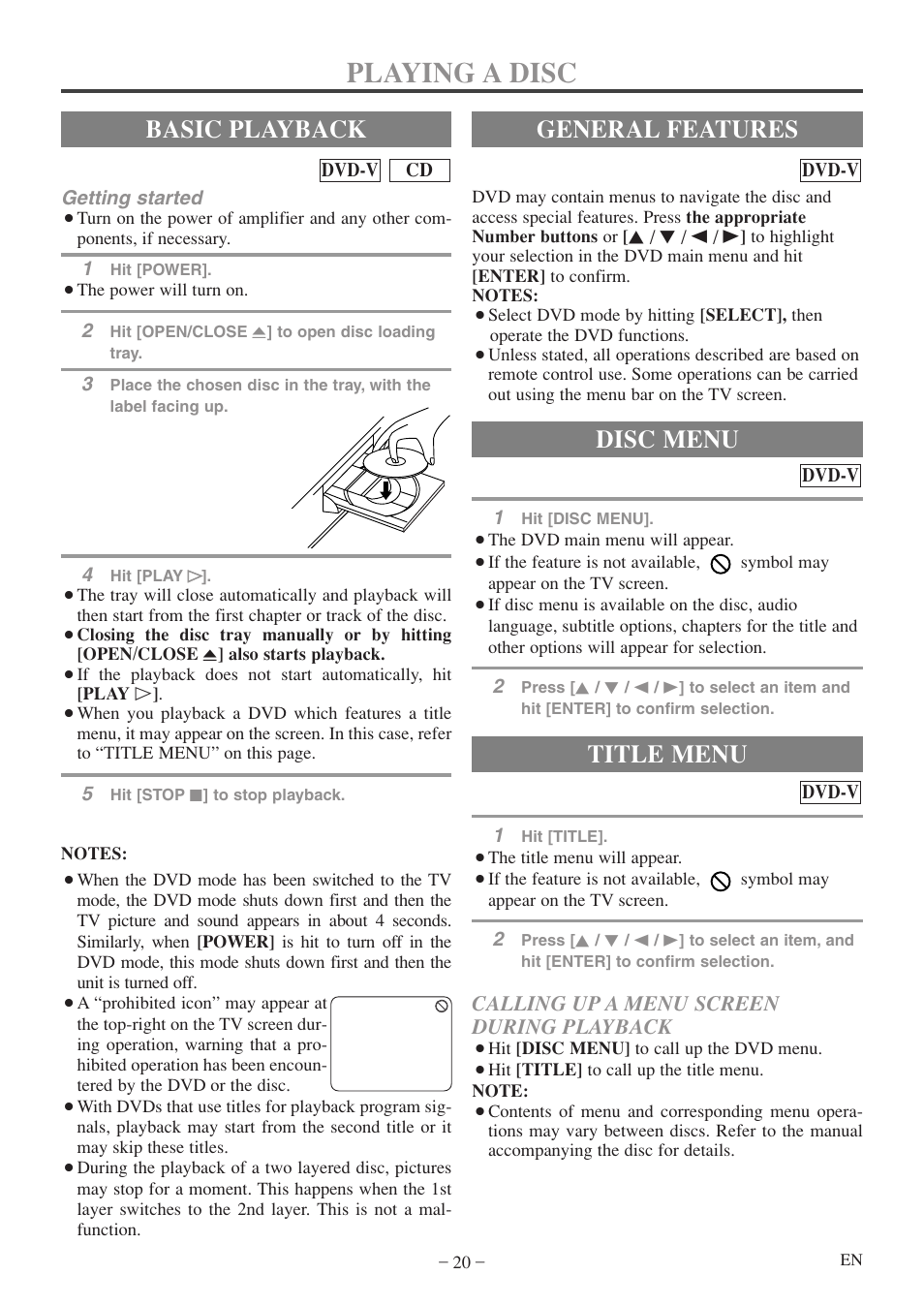 Playing a disc, Basic playback, General features | Title menu, Disc menu, Calling up a menu screen during playback | Sylvania 6513DF User Manual | Page 20 / 40