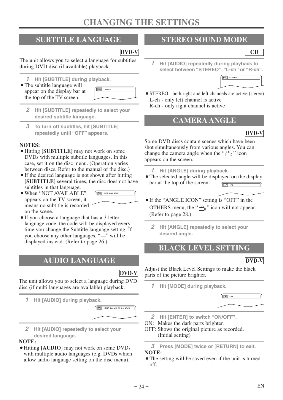 Changing the settings, Audio language, Stereo sound mode | Subtitle language, Camera angle, Black level setting | Sylvania 6513DF User Manual | Page 24 / 40
