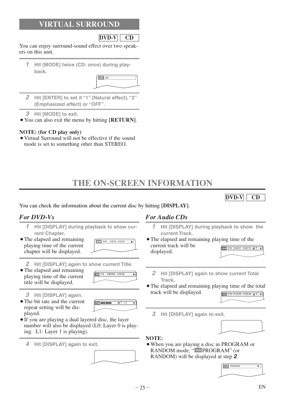 The on-screen information, Virtual surround, For dvd-vs | For audio cds, Cd dvd-v | Sylvania 6513DF User Manual | Page 25 / 40