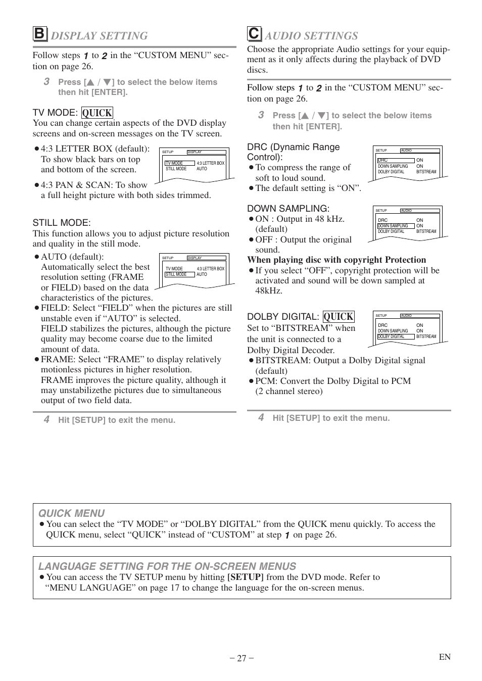 Audio settings, Display setting, Quick | Language setting for the on-screen menus, Quick menu | Sylvania 6513DF User Manual | Page 27 / 40