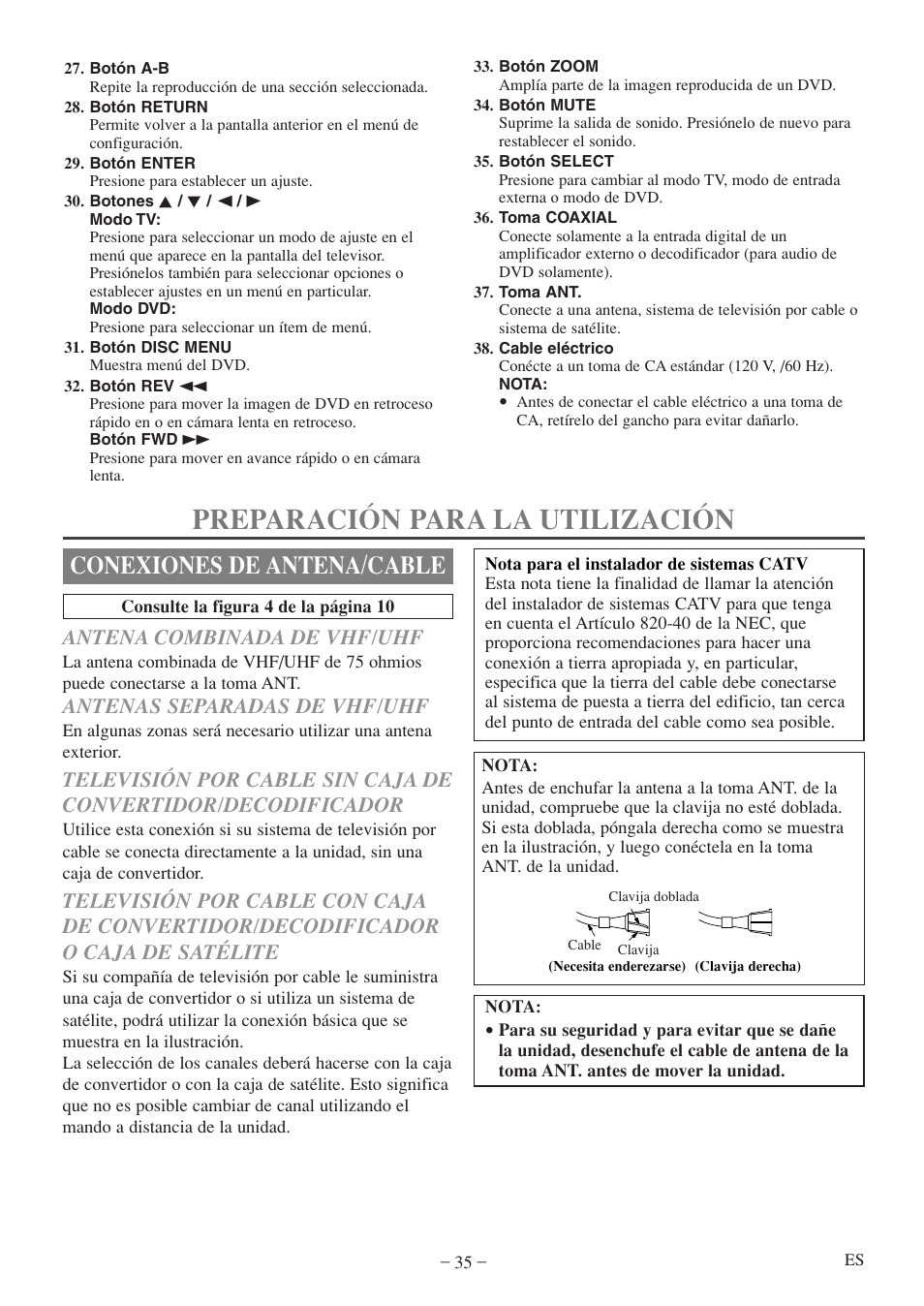 Preparación para la utilización, Conexiones de antena/cable, Antena combinada de vhf/uhf | Antenas separadas de vhf/uhf | Sylvania 6513DF User Manual | Page 35 / 40